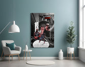 James Harden glass wall art styled above a sideboard in a media room