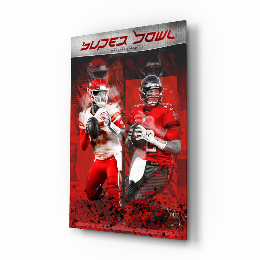 NFL Mahomes x Brady glass wall art displayed above a leather sofa in a man cave