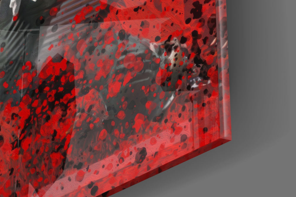Super-Bowl artwork anchoring a wall with scarlet-duotone palette