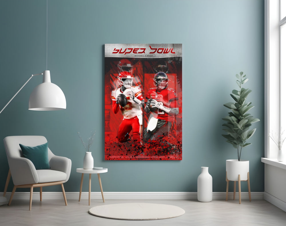 NFL Mahomes x Brady glass wall art styled above a sideboard in a media room