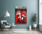 NFL Mahomes x Brady glass wall art styled above a sideboard in a media room