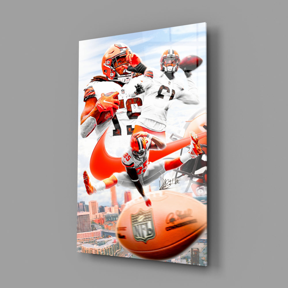 Editorial-collage panel bringing cinematic glow to a sports lounge