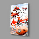 Editorial-collage panel bringing cinematic glow to a sports lounge