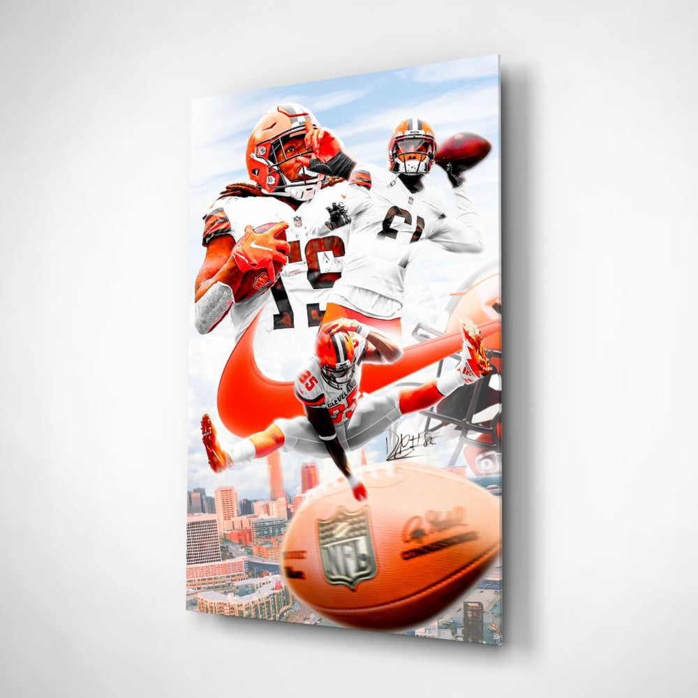 NFL Players glass wall art displayed above a leather sofa in a man cave