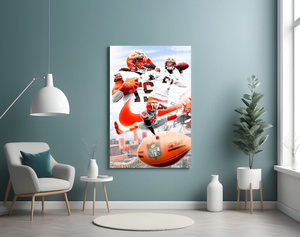 NFL Players glass wall art styled above a sideboard in a media room