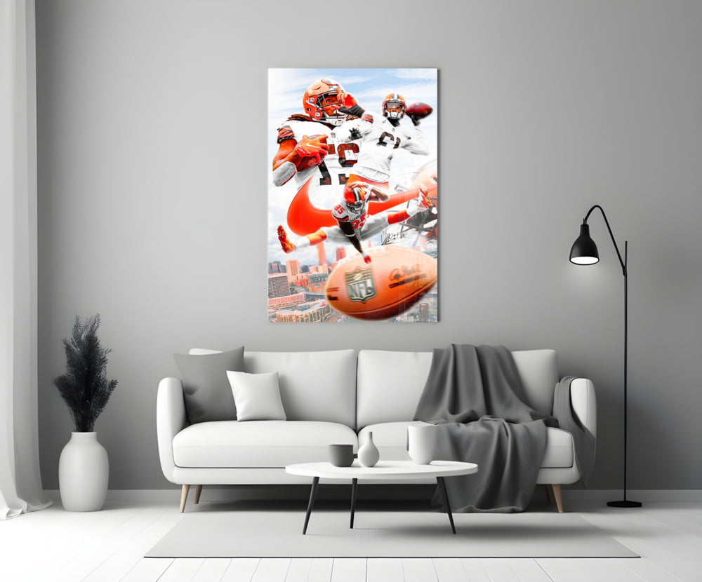 NFL Players close-up showing Browns players and Cleveland skyline