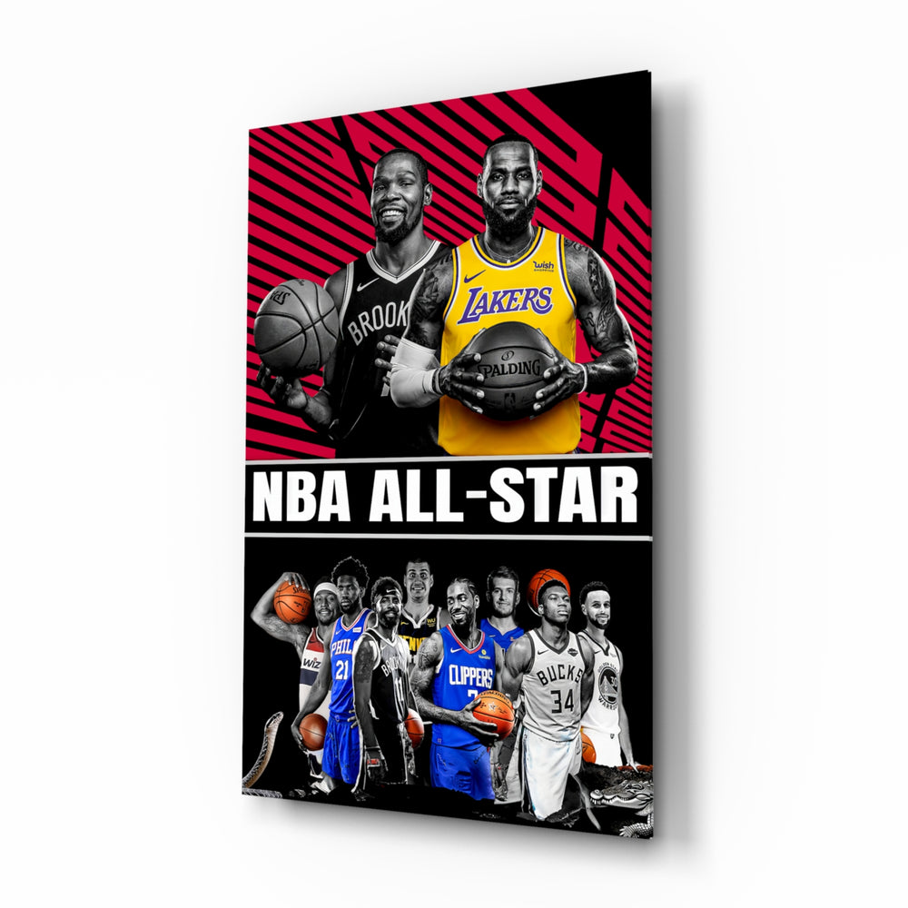 NBA All Star glass wall art displayed above a leather sofa in a man cave