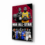 NBA All Star glass wall art displayed above a leather sofa in a man cave