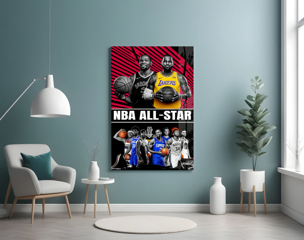 NBA All Star glass wall art styled above a sideboard in a media room