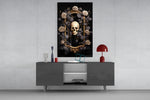 Skull Portrait panel catching lamp light to reveal its painterly depth