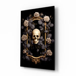 Skull Portrait glass wall art displayed above a leather chair in a study