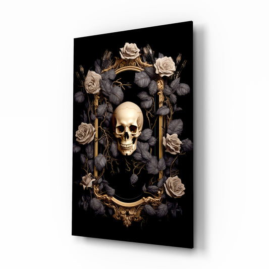 Skull Portrait glass wall art displayed above a leather chair in a study