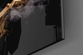 Gothic-emblem artwork anchoring a wall with gold-and-ivory palette