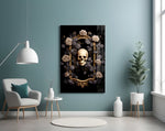 Skull Portrait glass wall art styled above a console in a bedroom