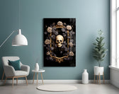 Skull Portrait glass wall art styled above a console in a bedroom