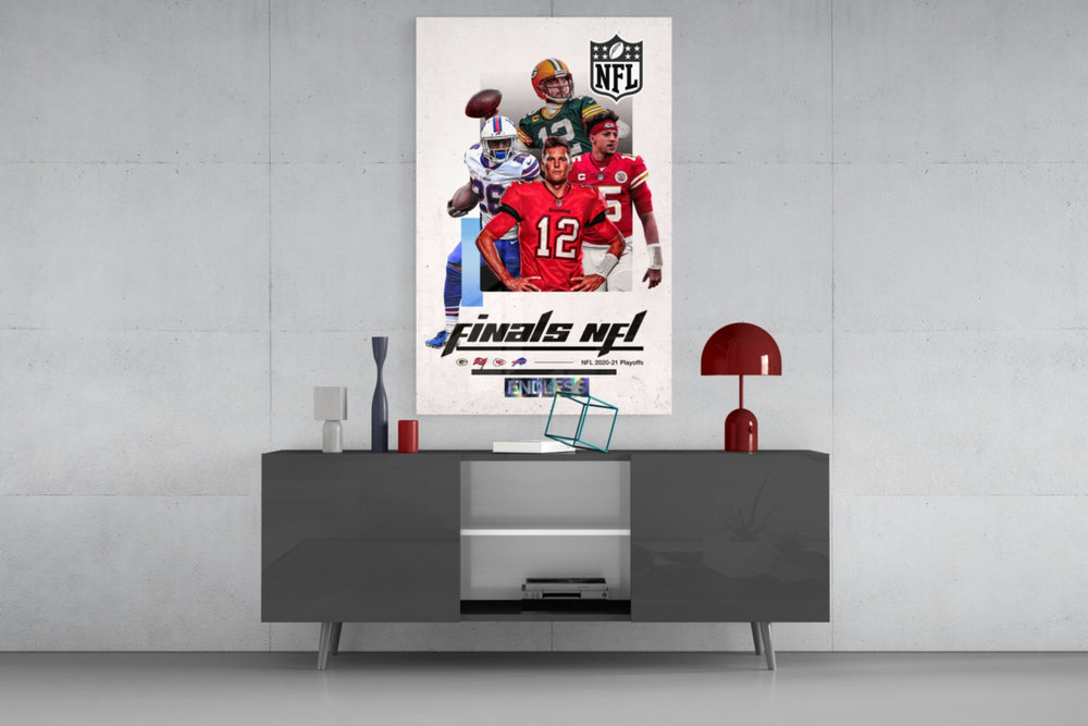 NFL Finals panel catching lamp light to reveal its cinematic glow