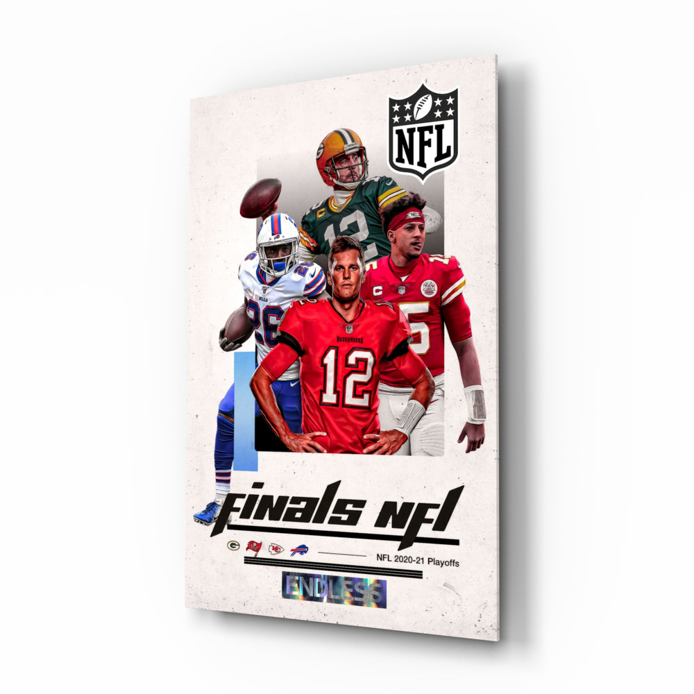 NFL Finals glass wall art displayed above a leather sofa in a man cave