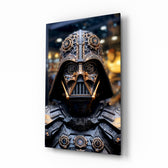 Darth Vader glass wall art displayed above a leather sofa in a man cave