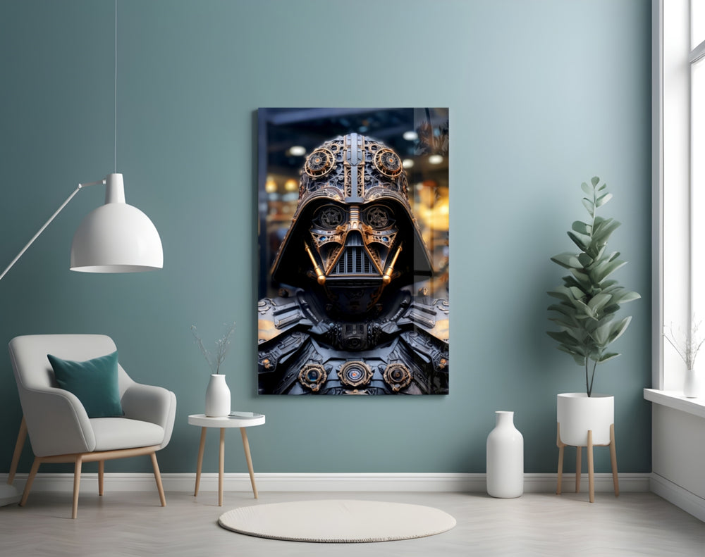 Darth Vader glass wall art styled above a sideboard in a media room