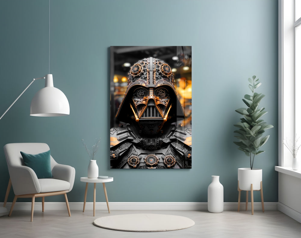 Darth Vader glass wall art styled above a sideboard in a media room