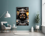 Darth Vader glass wall art styled above a sideboard in a media room