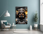 Darth Vader glass wall art styled above a sideboard in a media room