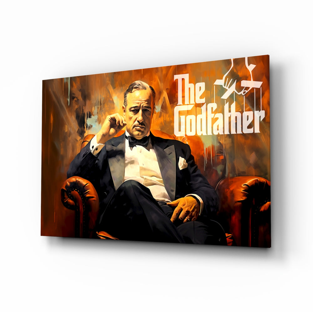 Godfather glass wall art displayed above a leather sofa in a man cave