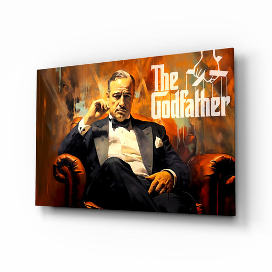 Godfather glass wall art displayed above a leather sofa in a man cave