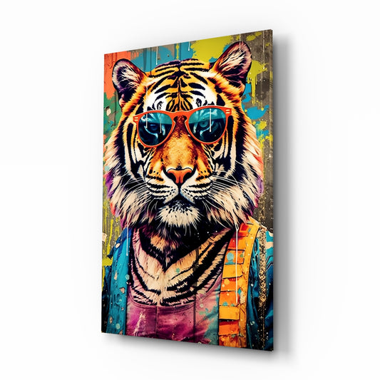 Cool Tiger glass wall art displayed above a desk in a teen room