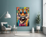 Cool Tiger glass wall art styled above a sideboard in a media room