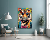 Cool Tiger glass wall art styled above a sideboard in a media room