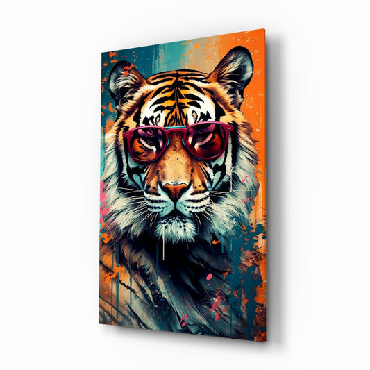 Cool Tiger glass wall art displayed above a desk in a teen room