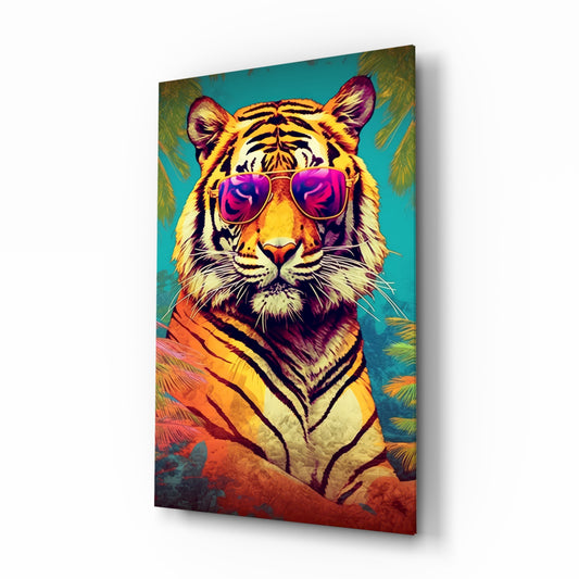 Cool Tiger glass wall art displayed above a desk in a teen room