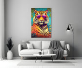 Cool Tiger close-up showing pink aviators and palm fronds