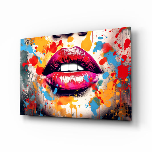 Red Lip glass wall art displayed above a vanity in a dressing room