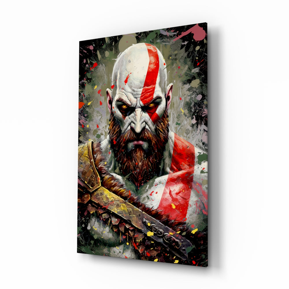 Kratos glass wall art displayed above a leather sofa in a man cave