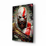Kratos glass wall art displayed above a leather sofa in a man cave