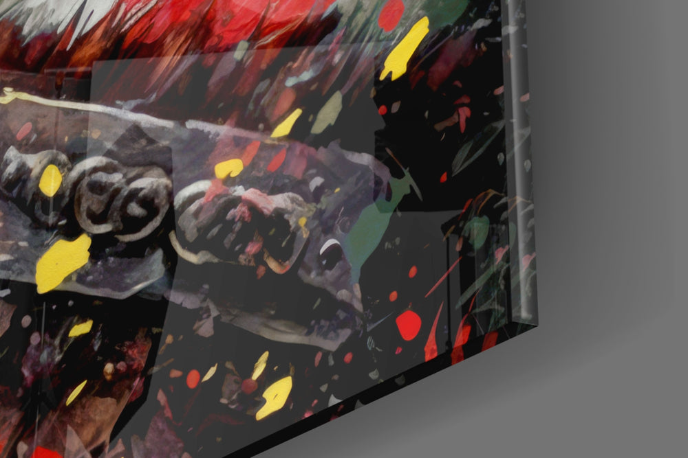 God-of-war artwork anchoring a wall with olive-and-crimson palette