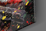 God-of-war artwork anchoring a wall with olive-and-crimson palette