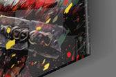 God-of-war artwork anchoring a wall with olive-and-crimson palette