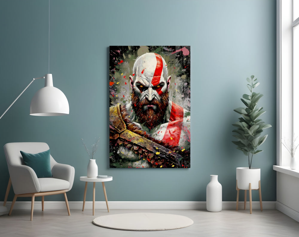 Kratos glass wall art styled above a sideboard in a media room
