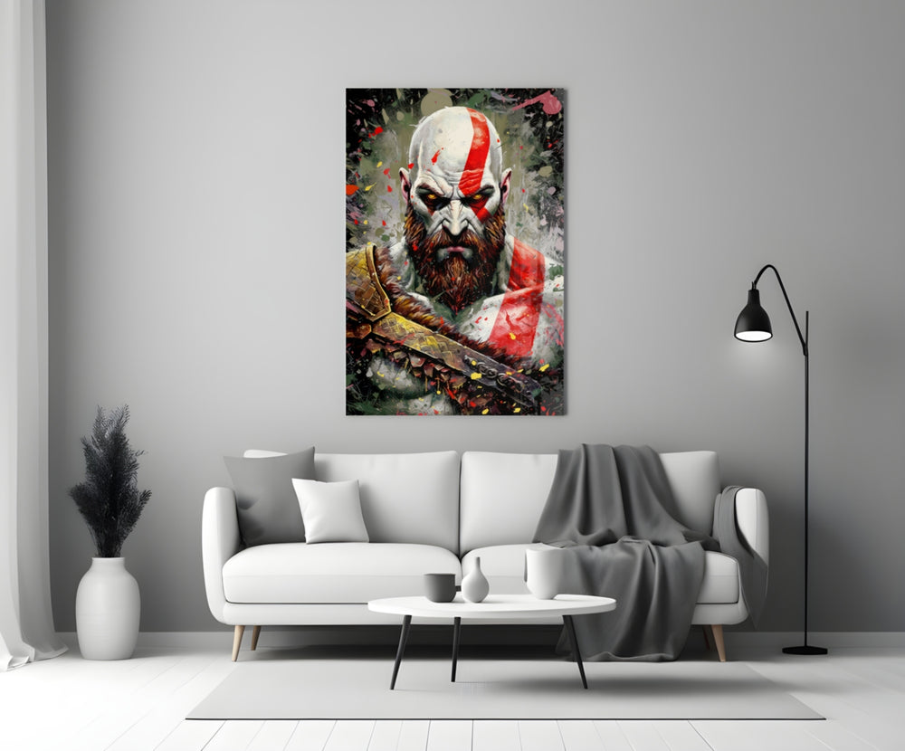 Kratos close-up showing red diagonal stripe and Blade of Olympus