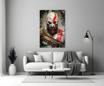 Kratos close-up showing red diagonal stripe and Blade of Olympus