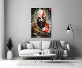 Kratos close-up showing red diagonal stripe and Blade of Olympus