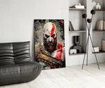 Kratos panel adding editorial drama to a hallway