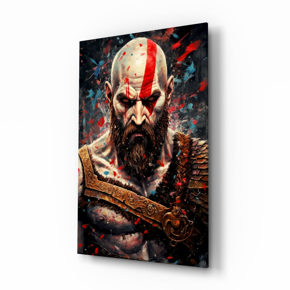 Kratos glass wall art displayed above a leather sofa in a man cave