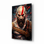 Kratos glass wall art displayed above a leather sofa in a man cave