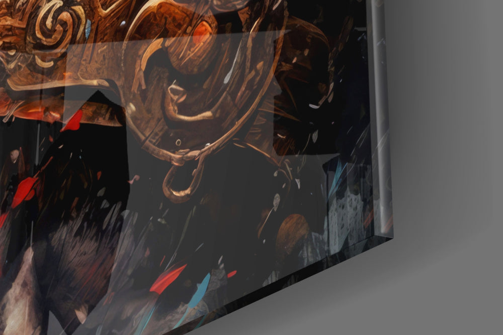 God-of-war artwork anchoring a wall with obsidian-and-gold palette