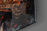 God-of-war artwork anchoring a wall with obsidian-and-gold palette