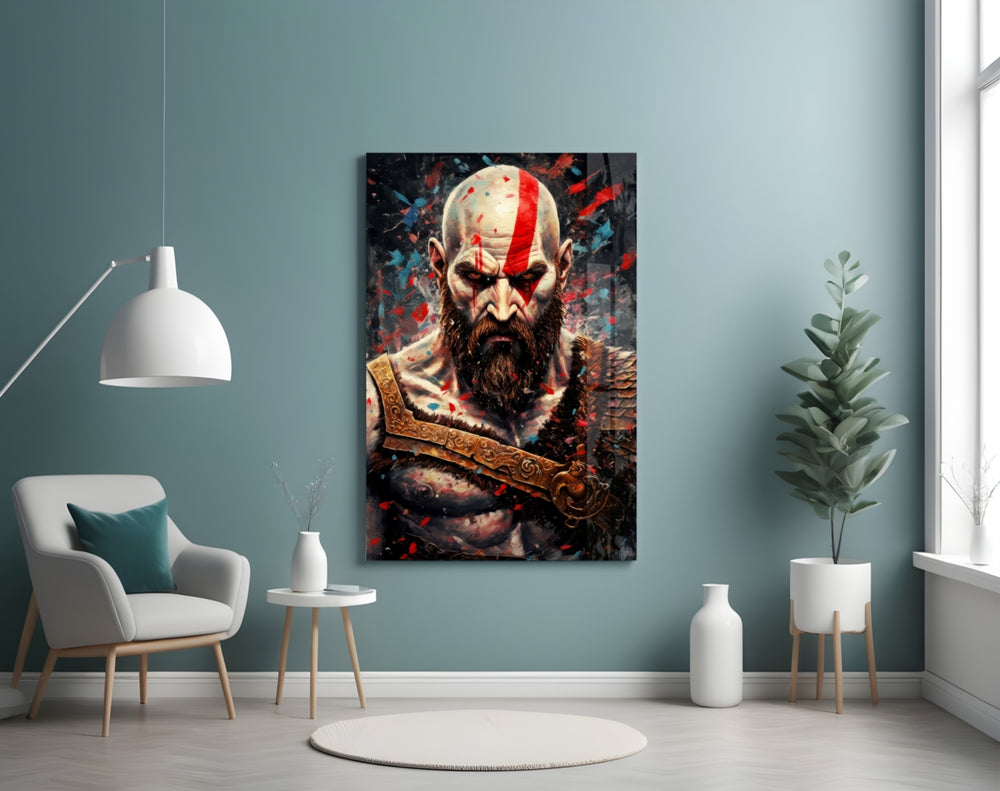 Kratos glass wall art styled above a sideboard in a media room